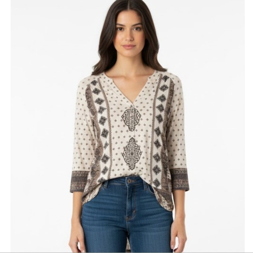 Lucky Brand Cottage Core Long Sleeve Top S Womens V Neck Coquette V Neck
